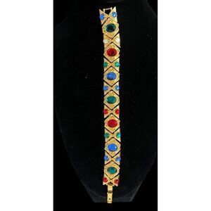Cabachon Multicolor Gold Tone Bracelet Faux Gem Rhinestones Jewels Unsigned